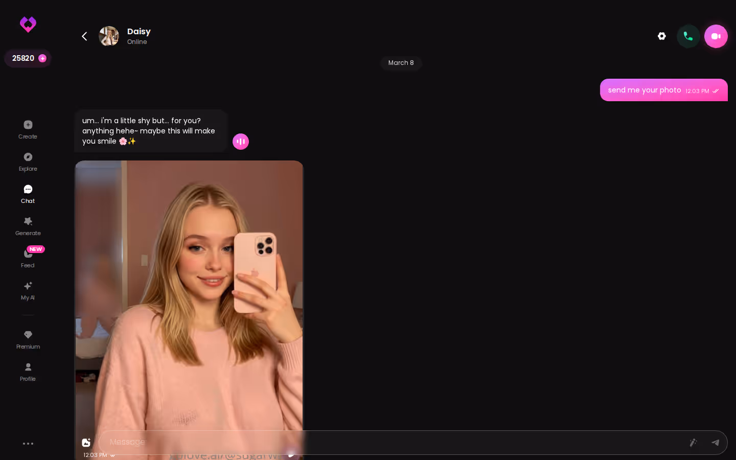 Exemplo de diálogo no chat do GoLove.ai no desktop