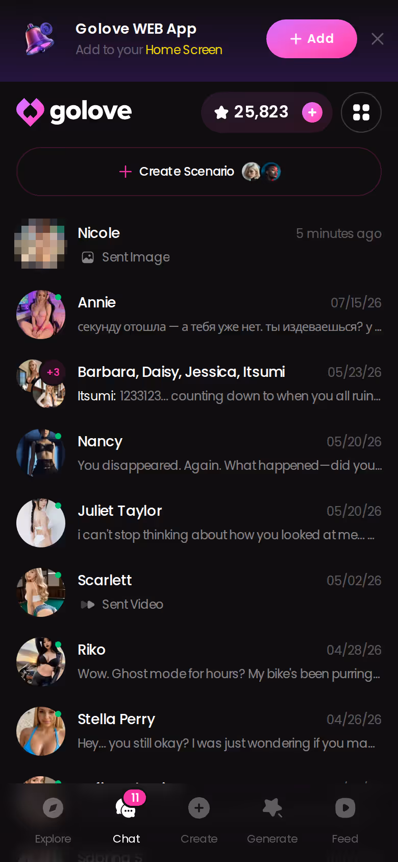 Caixa de conversas do GoLove no celular, com todas as personagens do elenco em uma lista