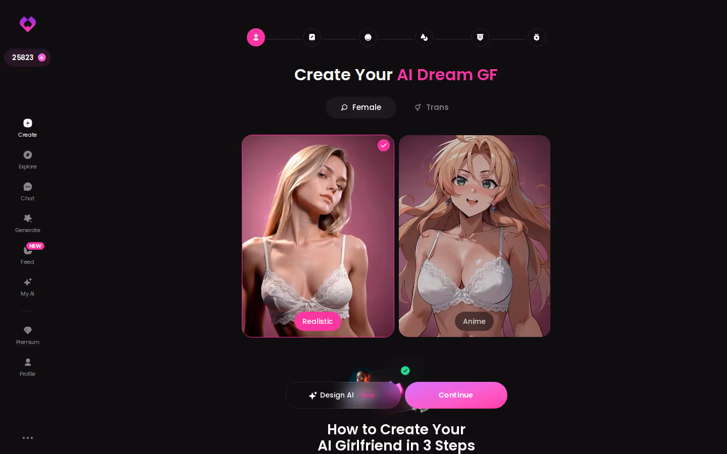 Início do assistente Criar do GoLove.ai com as opções Realista ou Anime e Feminina ou Trans