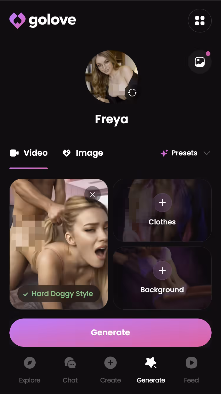 Gerador de vídeo do GoLove no celular com cartões de ação, roupa e cenário